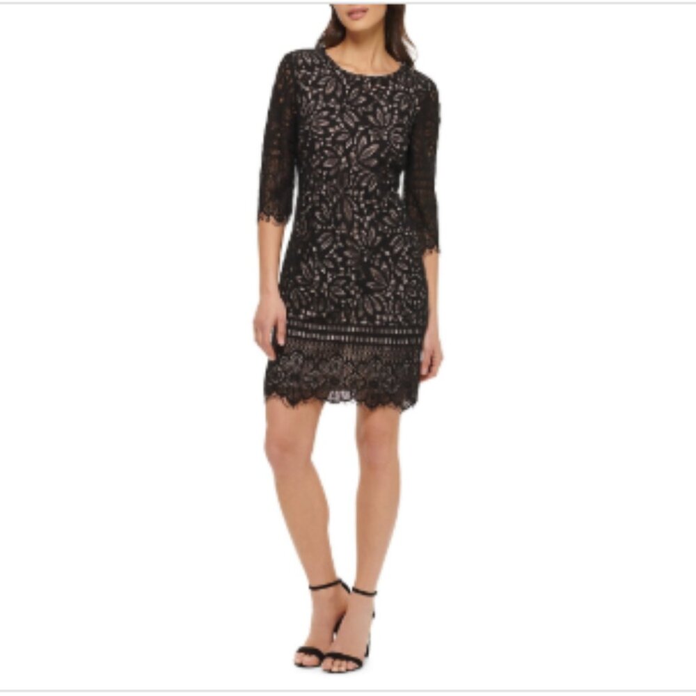 Kensie Lace Sheath Dress - Black/nude